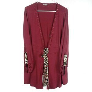 Vintage Cardigan Womens XL Red Studded Animal Print Tie Front Boho Maximalist